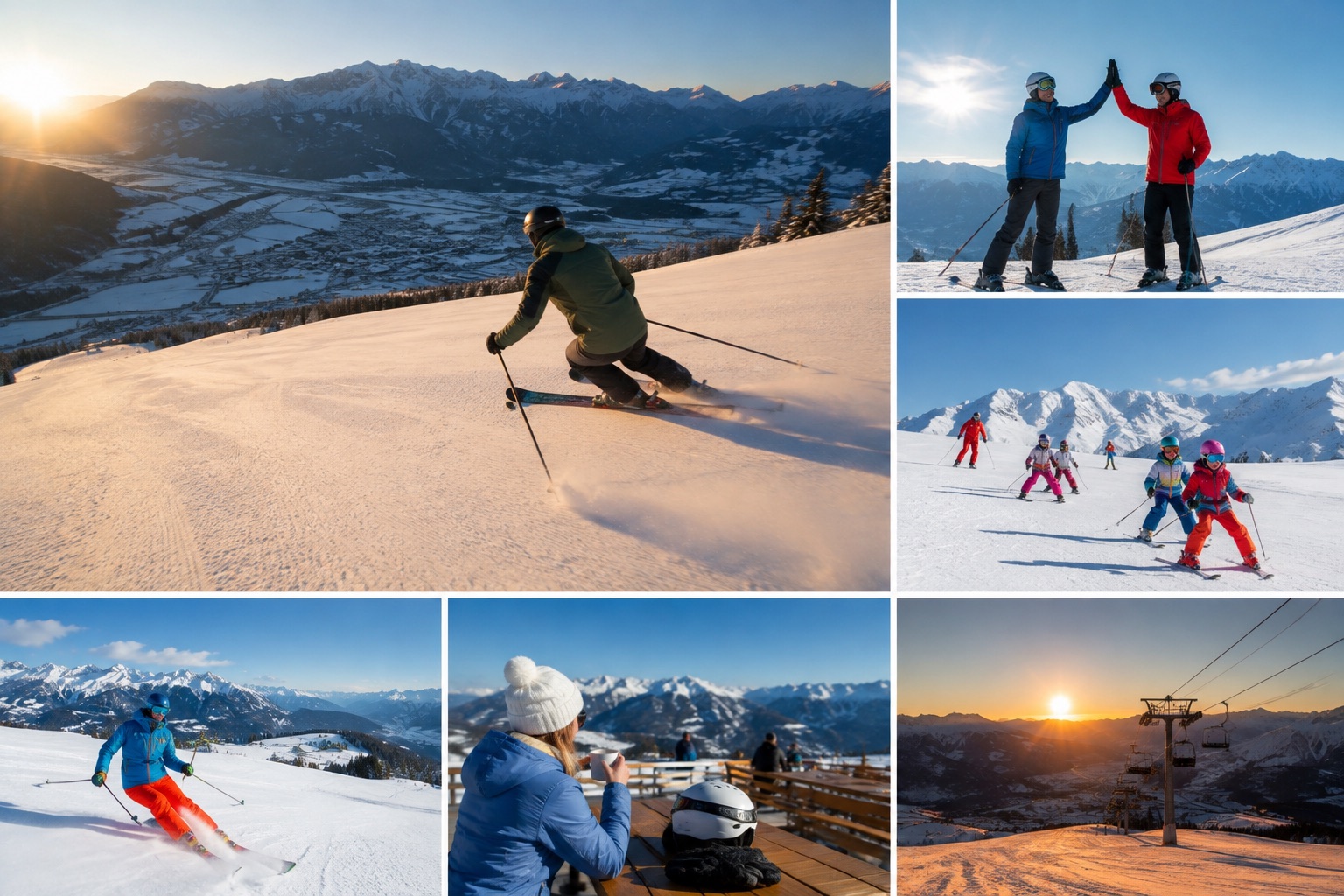 Skifahrer und Snowboarder in den Bergen: Abfahrten, Gruppenfotos und Pausen am Lift